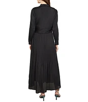 MISOOK Plisse Pleated Woven V-Neck Long Sleeve A-Line Maxi Dress