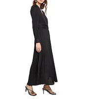 MISOOK Plisse Pleated Woven V-Neck Long Sleeve A-Line Maxi Dress