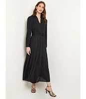 MISOOK Plisse Pleated Woven V-Neck Long Sleeve A-Line Maxi Dress