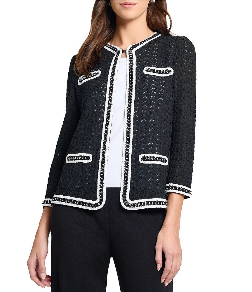 MISOOK Pointelle Open Knit Chain Trim Round Neck Bracelet Sleeve Jacket