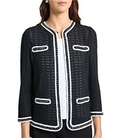 MISOOK Pointelle Open Knit Chain Trim Round Neck Bracelet Sleeve Jacket