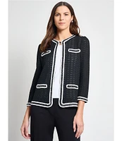 MISOOK Pointelle Open Knit Chain Trim Round Neck Bracelet Sleeve Jacket