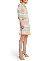 MISOOK Pointelle Zigzag Knit Split V-Neck Elbow Sleeve Shift Dress
