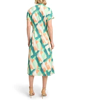 MISOOK Printed Crepe De Chine Mandarin Collar Short Sleeve Fit And Flare Maxi Dress