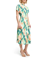 MISOOK Printed Crepe De Chine Mandarin Collar Short Sleeve Fit And Flare Maxi Dress