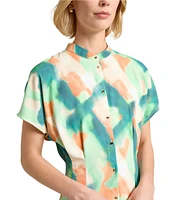 MISOOK Printed Crepe De Chine Mandarin Collar Short Sleeve Fit And Flare Maxi Dress