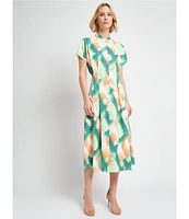 MISOOK Printed Crepe De Chine Mandarin Collar Short Sleeve Fit And Flare Maxi Dress