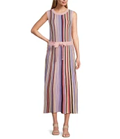 MISOOK Ribbed Knit Crew Neck Sleeveless Belted Midi Dress
