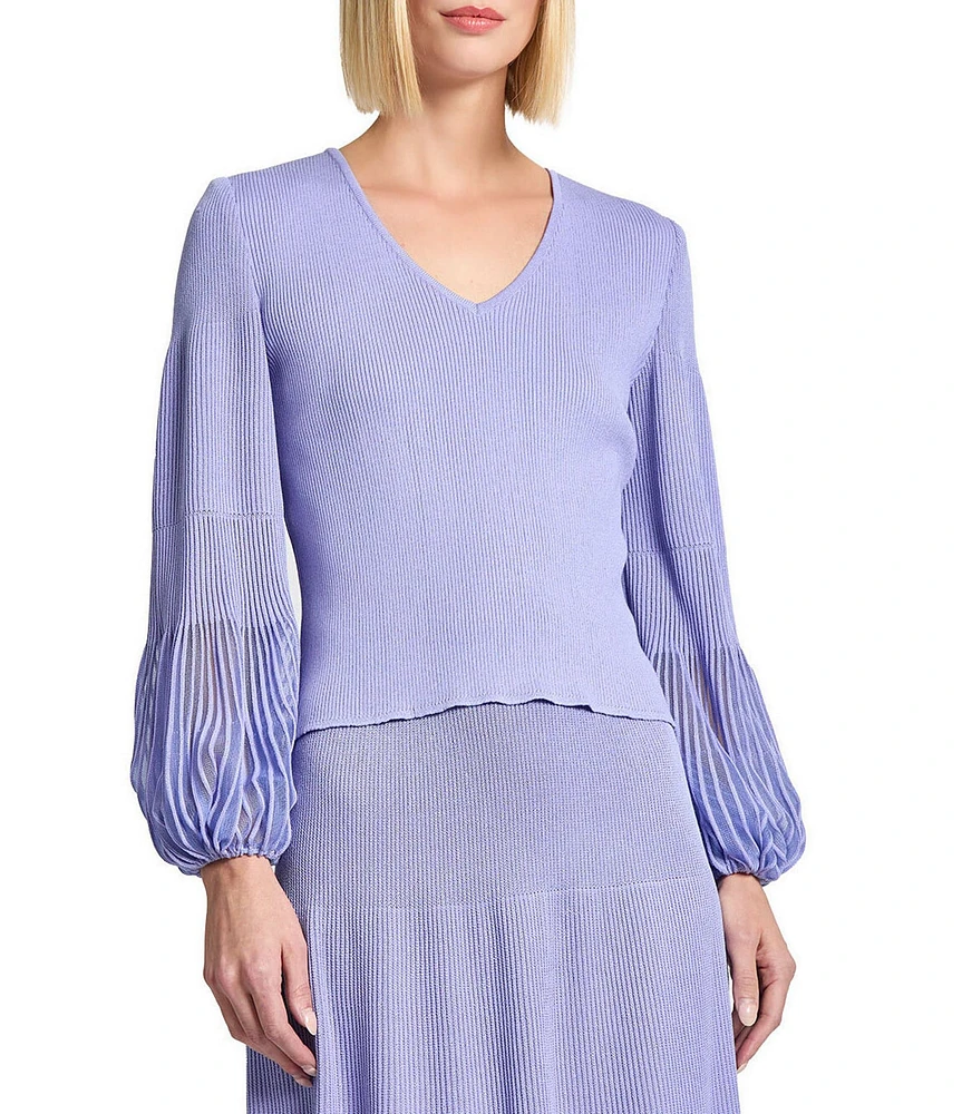 MISOOK Ribbed Knit V-Neck Sheer Bishop Sleeve Top