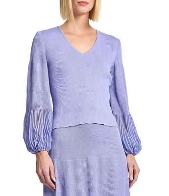 MISOOK Ribbed Knit V-Neck Sheer Bishop Sleeve Top