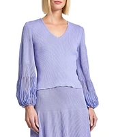 MISOOK Ribbed Knit V-Neck Sheer Bishop Sleeve Top
