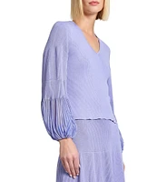 MISOOK Ribbed Knit V-Neck Sheer Bishop Sleeve Top