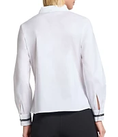 MISOOK Ribbon Trim Stand Collar Split V-Neck Long Sleeve Blouse