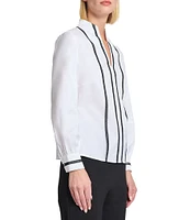 MISOOK Ribbon Trim Stand Collar Split V-Neck Long Sleeve Blouse