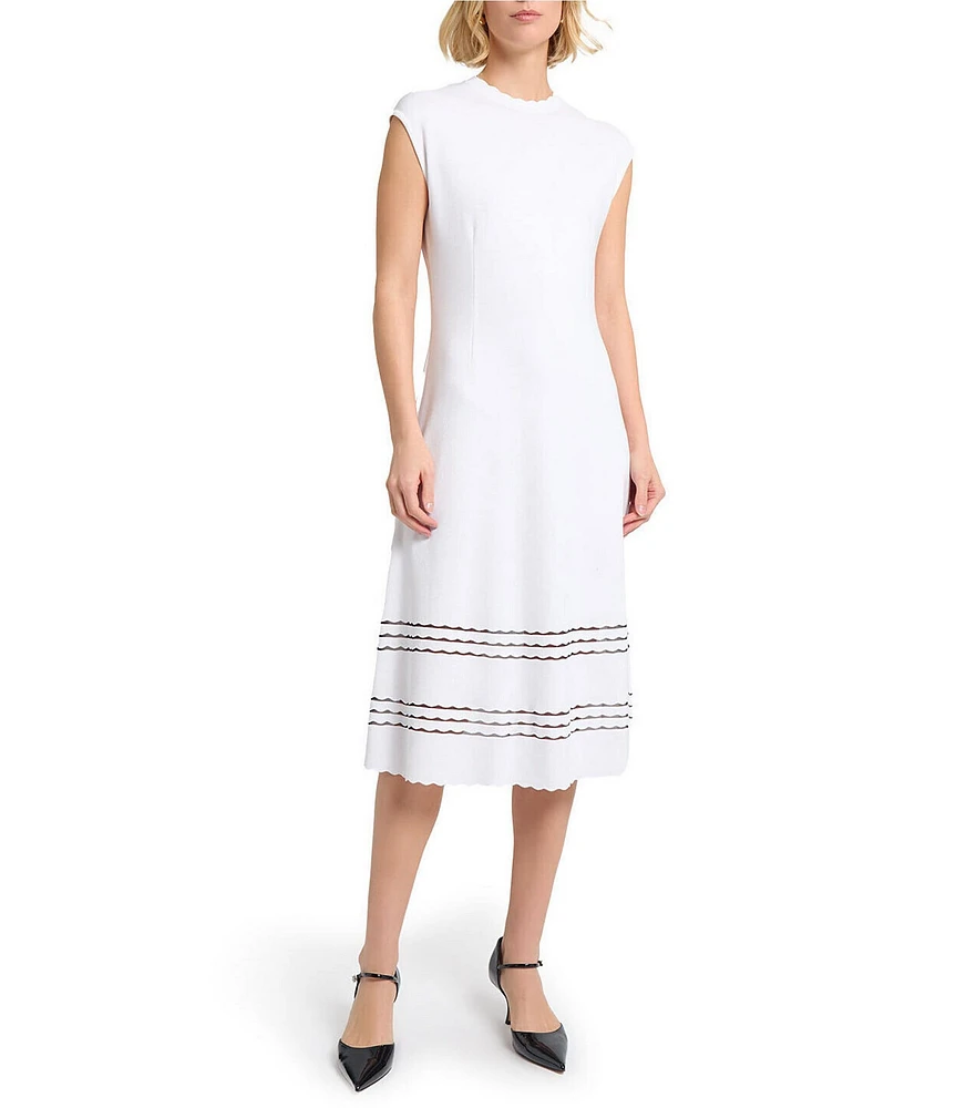 MISOOK Soft Knit Round Neck Cap Sleeve Scallop Trim A-Line Midi Dress