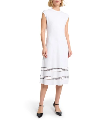 MISOOK Soft Knit Round Neck Cap Sleeve Scallop Trim A-Line Midi Dress