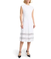 MISOOK Soft Knit Round Neck Cap Sleeve Scallop Trim A-Line Midi Dress