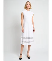 MISOOK Soft Knit Round Neck Cap Sleeve Scallop Trim A-Line Midi Dress