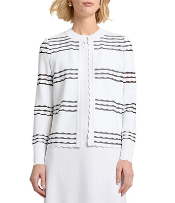 MISOOK Soft Knit Stripe Round Neck Long Sleeve Scallop Jacket
