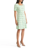 MISOOK Soft Plaid Knit Square Neck Short Sleeve A-Line Dress