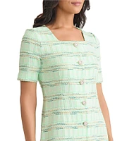 MISOOK Soft Plaid Knit Square Neck Short Sleeve A-Line Dress