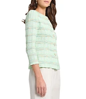 MISOOK Tailored Soft Plaid Textured Knit Round Neck Bracelet Sleeve Jacket