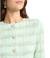 MISOOK Tailored Soft Plaid Textured Knit Round Neck Bracelet Sleeve Jacket