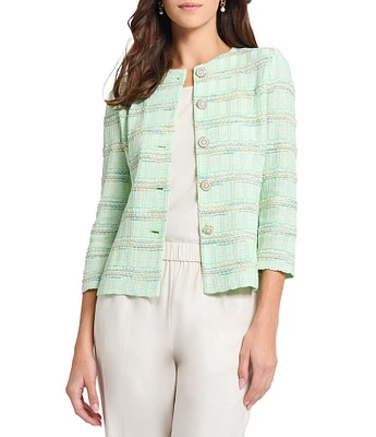MISOOK Tailored Soft Plaid Textured Knit Round Neck Bracelet Sleeve Jacket