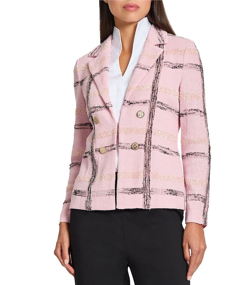 MISOOK Textured Knit Plaid Notch Lapel Long Sleeve Jacket