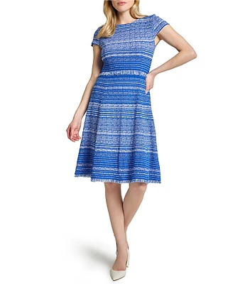 MISOOK Tweed Knit Jewel Neck Cap Sleeve Fit-And-Flare Dress