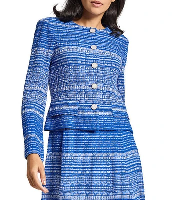 MISOOK Tweed Knit Round Neck Long Sleeve Button Front Jacket