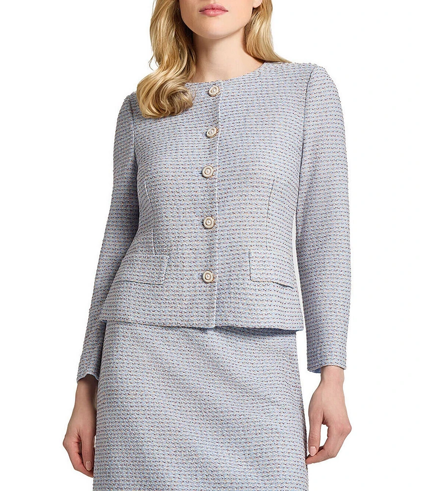 MISOOK Tweed Knit Round Neck Long Sleeve Jacket