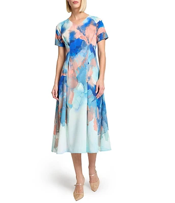 MISOOK Watercolor Crepe V-Neck Short Sleeve Dress