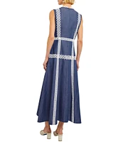 MISOOK Woven Eyelet Lace Contrast Trim Round Neck Sleeveless Fit And Flare Maxi Dress