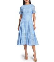 MISOOK Woven Lace Crew Neck Short Sleeve Fit-And-Flare Midi Dress