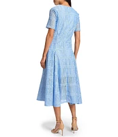 MISOOK Woven Lace Crew Neck Short Sleeve Fit-And-Flare Midi Dress