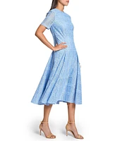 MISOOK Woven Lace Crew Neck Short Sleeve Fit-And-Flare Midi Dress