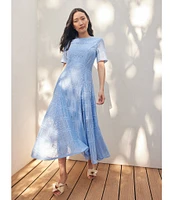 MISOOK Woven Lace Crew Neck Short Sleeve Fit-And-Flare Midi Dress