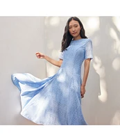 MISOOK Woven Lace Crew Neck Short Sleeve Fit-And-Flare Midi Dress