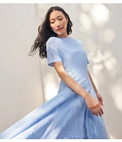 MISOOK Woven Lace Crew Neck Short Sleeve Fit-And-Flare Midi Dress