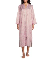 Miss Elaine Brushed Back Satin Long Sleeve Mandarin Collar Long Zip-Front Paisley Robe