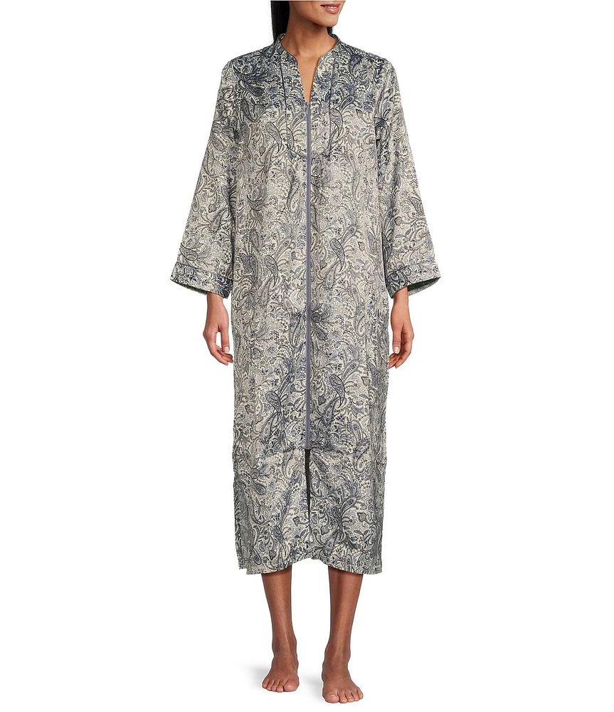 Miss Elaine Brushed Back Satin Long Sleeve Mandarin Collar Long Zip-Front Paisley Robe