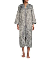 Miss Elaine Brushed Back Satin Long Sleeve Mandarin Collar Long Zip-Front Paisley Robe