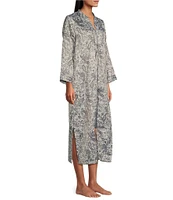 Miss Elaine Brushed Back Satin Long Sleeve Mandarin Collar Long Zip-Front Paisley Robe