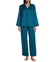 Miss Elaine Brushed Back Satin Long Sleeve Notch Collar Pajama Set