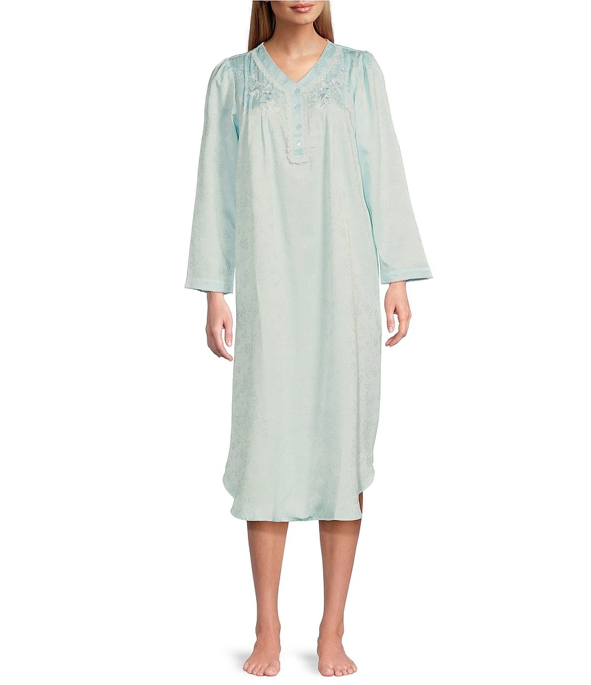 Miss Elaine Brushed Back Satin Long Sleeve V-Neck Long Nightgown