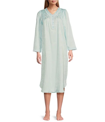 Miss Elaine Brushed Back Satin Long Sleeve V-Neck Long Nightgown