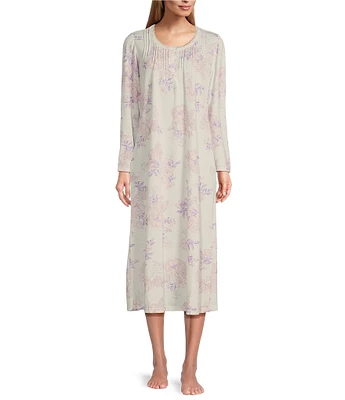 Miss Elaine Brushed Bouquet Printed Honeycomb Knit Long Nightgown