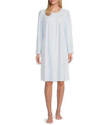 Miss Elaine Brushed Solid Brushed Honeycomb Long Sleeve Round Neck Knit Short Nightgown