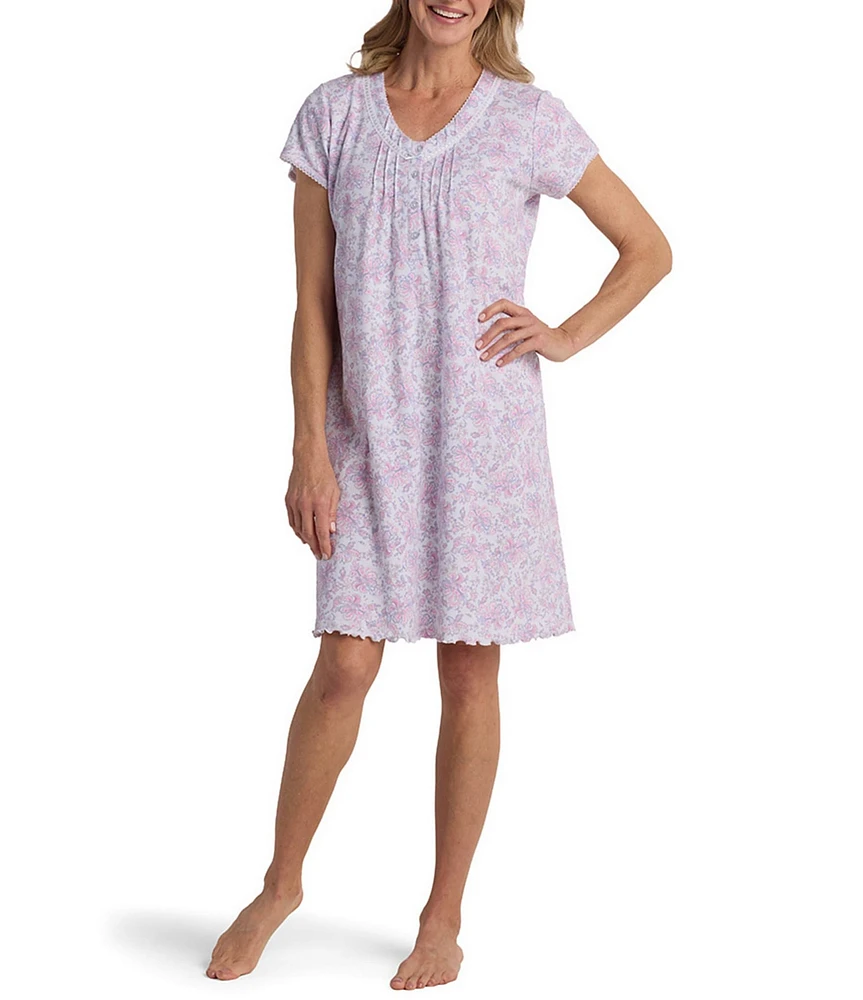 Miss Elaine Contessa Floral Paisley Print Short Sleeve V Neck Knit Short Nightgown